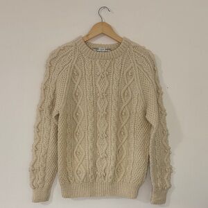 Vintage Hand Knit Scottish Wool Cable Sweater Aran Knit Cream Fisherman Sz 38